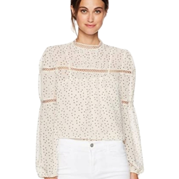Max Edition Tops - Women's Cream & Black Speck Print Peasant High Neck Sheer Blouse Large